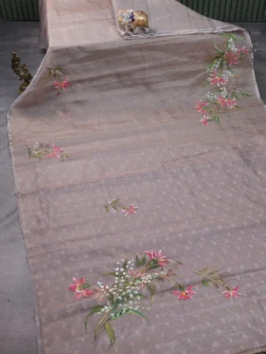 Beige Tissue Organza Hand Painted Silk Saree