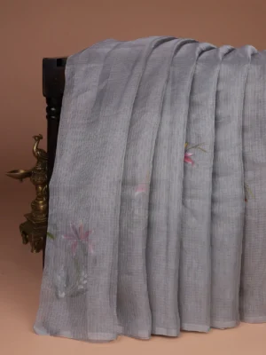 Grey Organza Hand Painted Silk Saree