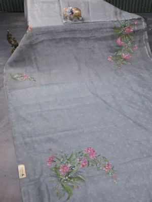 Grey Organza Hand Painted Silk Saree