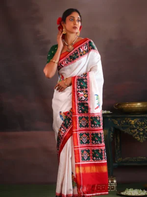 Off White & Maroon Patan Patola Silk Saree With Petit Point Embroidery