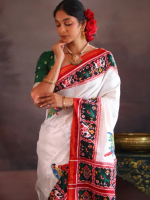Off White & Maroon Patan Patola Silk Saree With Petit Point Embroidery