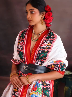 Off White & Maroon Patan Patola Silk Saree With Petit Point Embroidery