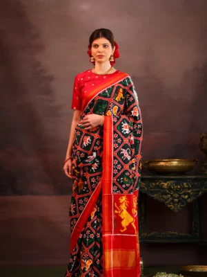 Bottle Green & Red Patan Patola Silk Saree