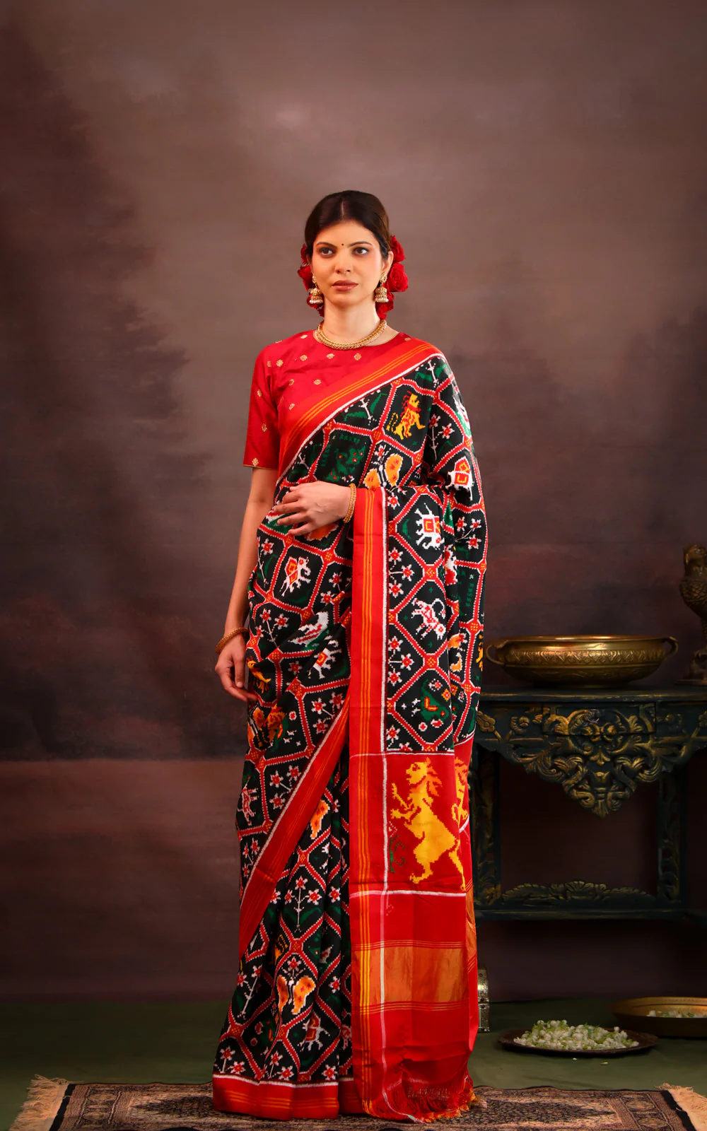 Bottle Green & Red Patan Patola Silk Saree - Image 2