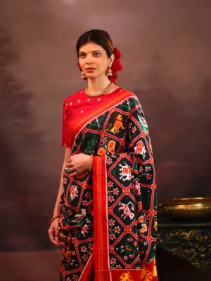 Bottle Green & Red Patan Patola Silk Saree