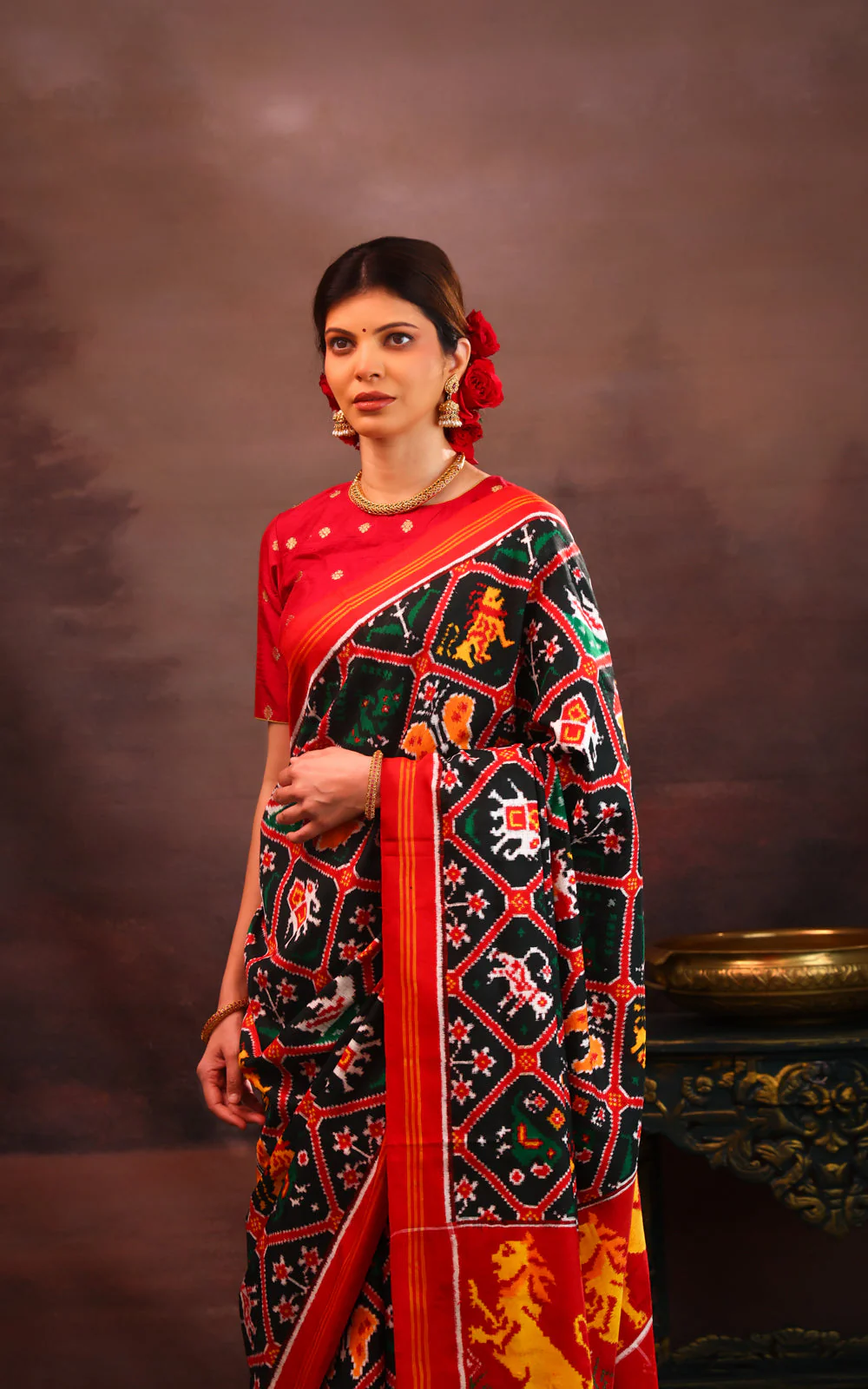 Bottle Green & Red Patan Patola Silk Saree - Image 3