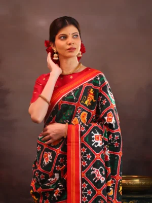 Bottle Green & Red Patan Patola Silk Saree