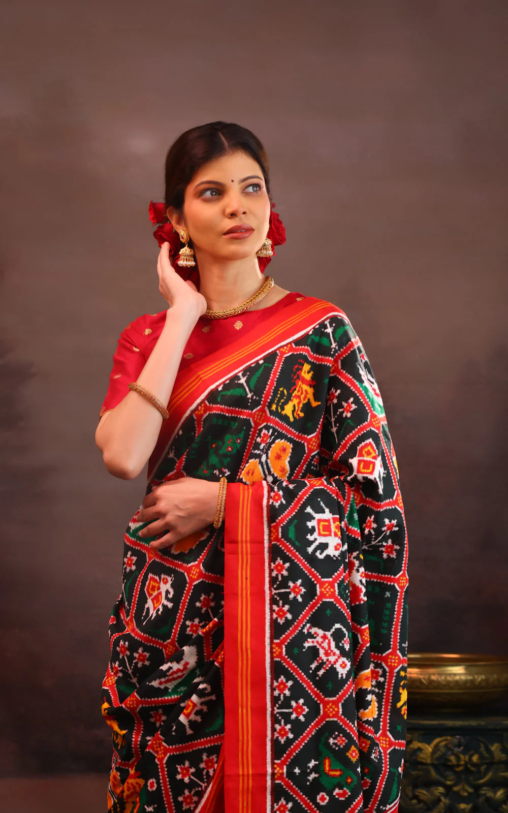 Bottle Green & Red Patan Patola Silk Saree - Image 4