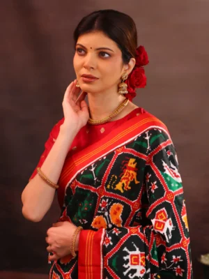 Bottle Green & Red Patan Patola Silk Saree