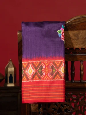 Deep Violet & Red Patan Patola Silk Saree With Petit Point Embroidery