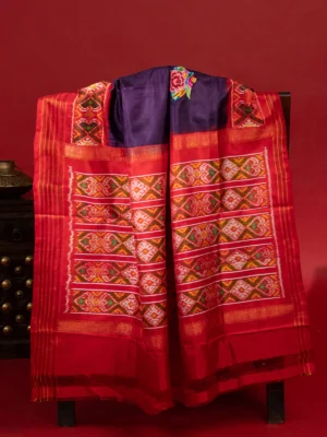 Deep Violet & Red Patan Patola Silk Saree With Petit Point Embroidery