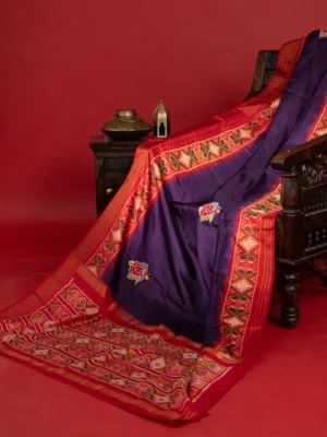 Deep Violet & Red Patan Patola Silk Saree With Petit Point Embroidery