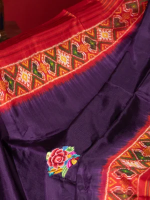 Deep Violet & Red Patan Patola Silk Saree With Petit Point Embroidery