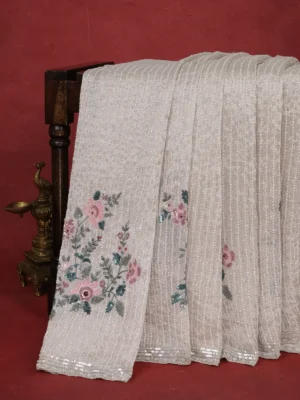 Beige Embroidered Organza Designer Saree