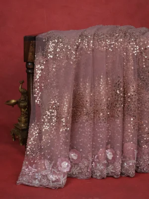 Mauve Pink Sequin Embroidered Netted Designer Saree