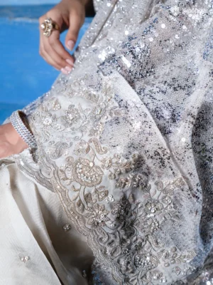 Grey Sequin Embroidered Netted Organza Designer Saree