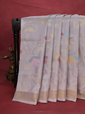 Pastel Grey Uppada Silk Saree With Jamdhani Weaves