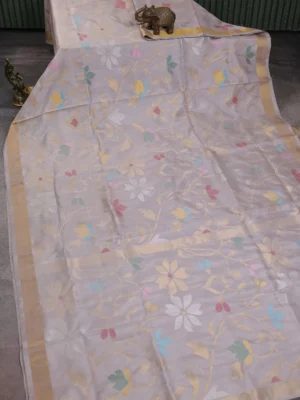 Pastel Grey Uppada Silk Saree With Jamdhani Weaves