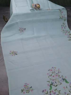 Pastel Blue Organza Silk Saree – Embroidery Readymade Blouse