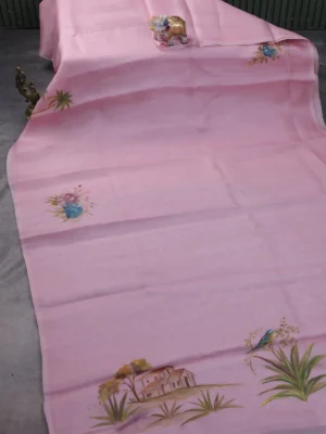 Light Pink Organza Hand Painted Silk Saree