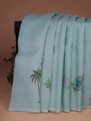 Teal Blue Organza Silk Saree – Embroidery Readymade Blouse