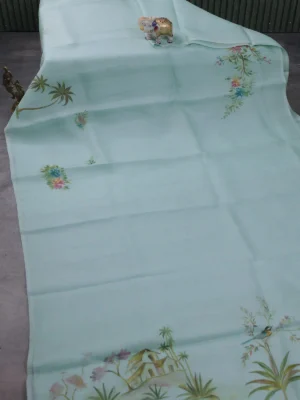 Teal Blue Organza Silk Saree – Embroidery Readymade Blouse
