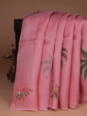 Peach Organza Hand Painted Silk Saree