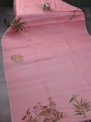 Peach Organza Hand Painted Silk Saree