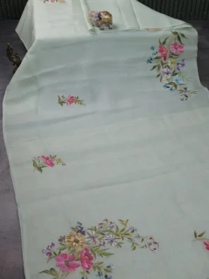 Pastel Green Organza Hand Painted Silk Saree