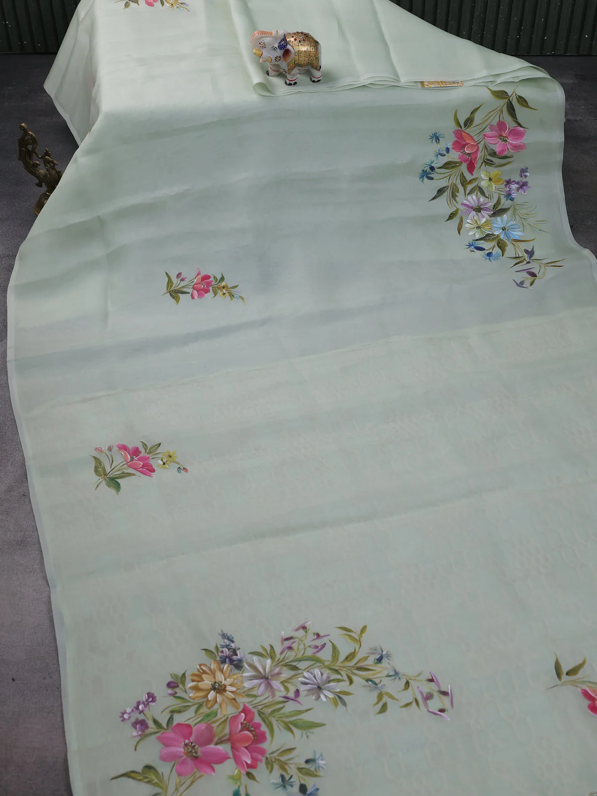 Pastel Green Organza Hand Painted Silk Saree - Image 2