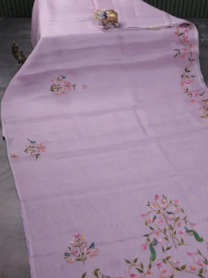 Mild Lavender Organza Hand Painted Silk Saree